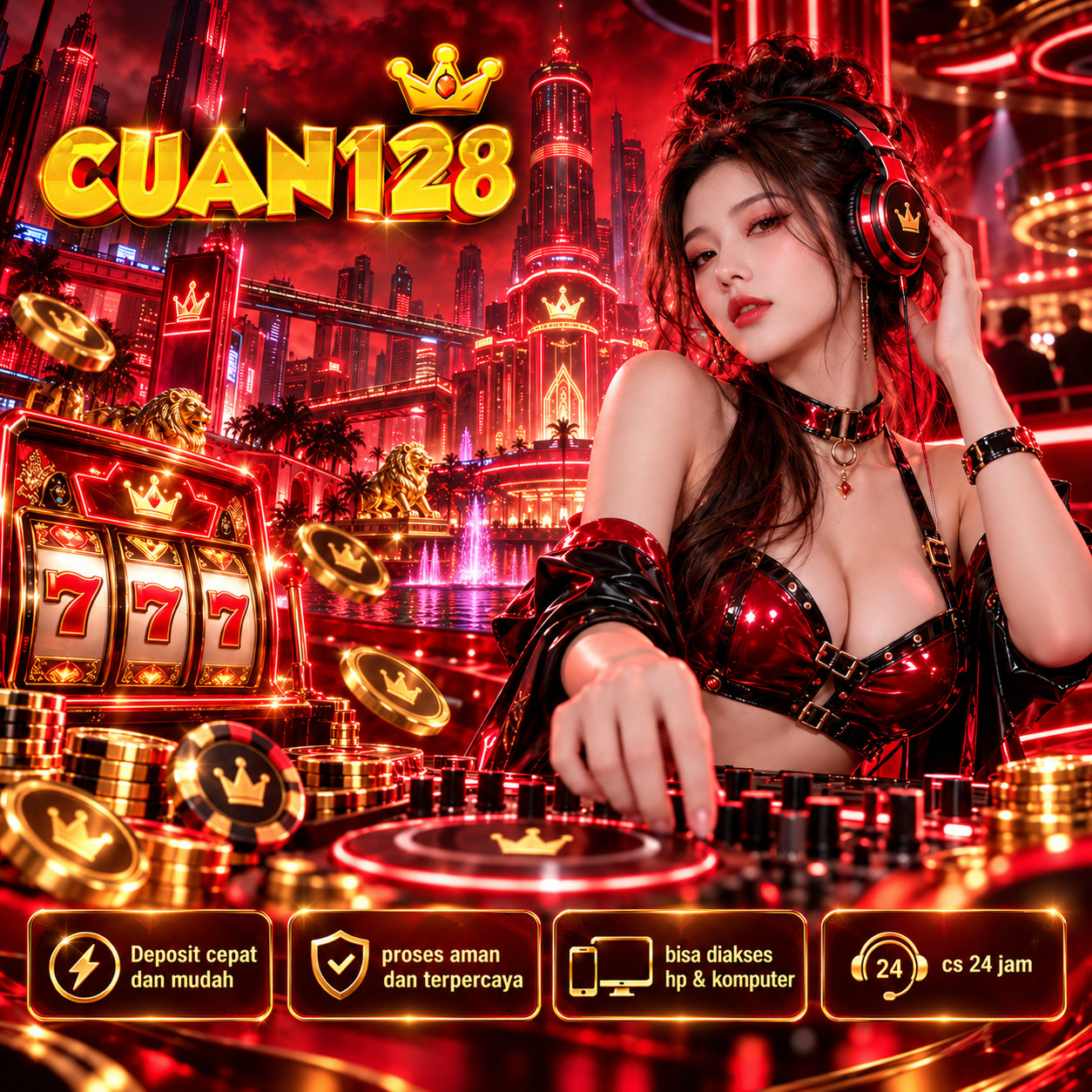 Poster CUAN128 dengan DJ dan panorama kota masa depan berwarna merah